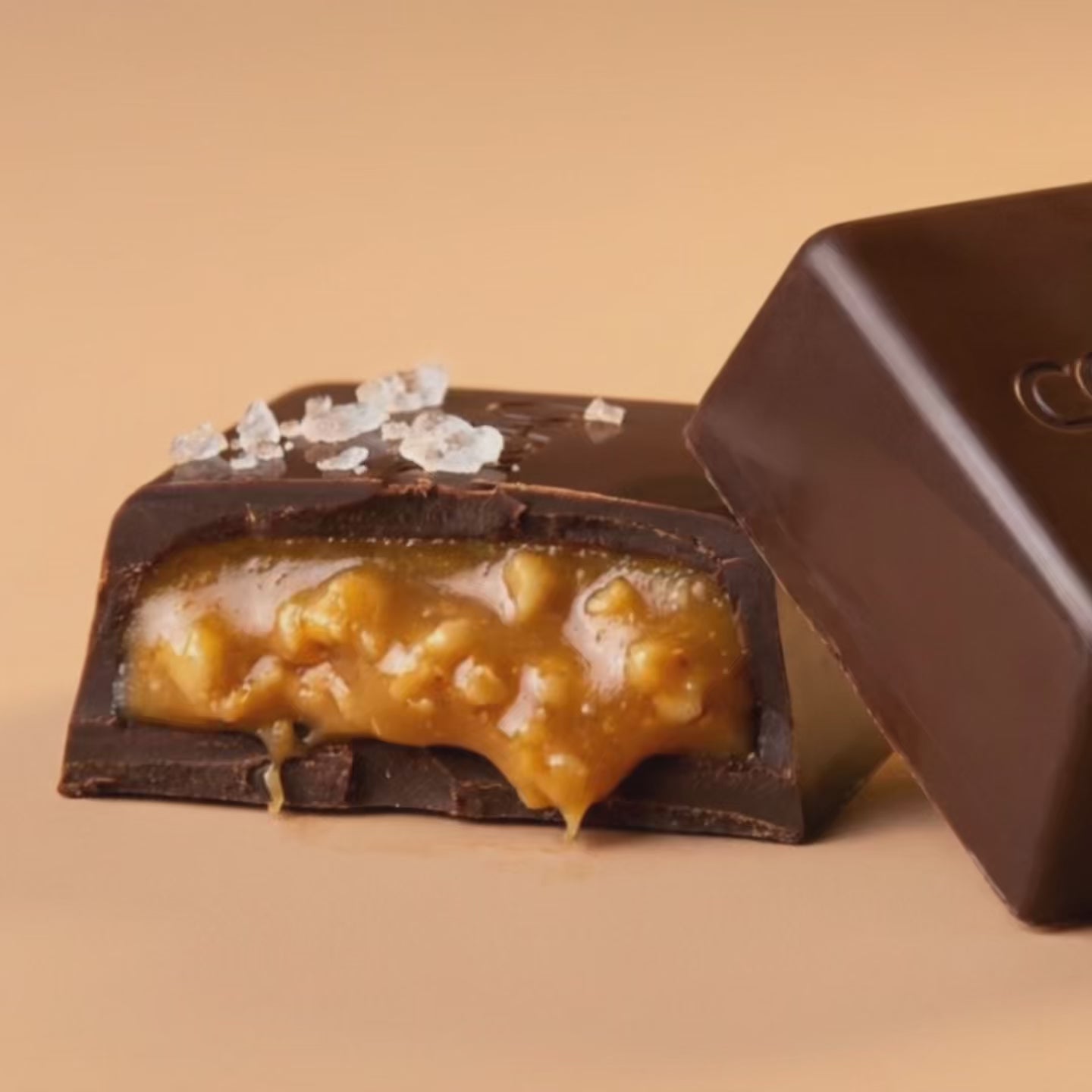 Vegan Salted Caramel Dark Chocolate Bar, close-up video showcasing the product, by Coracao