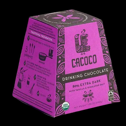 Vegan dark hot chocolate – 80% extra dark cacao for a rich, indulgent drink.
